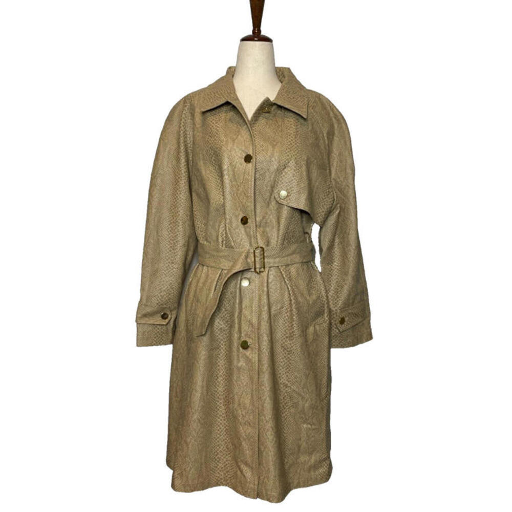 Vtg Pap Milano Italy Snake Print Faux Leather Belted Trench Coat Womens M Tan - Picture 1 of 9